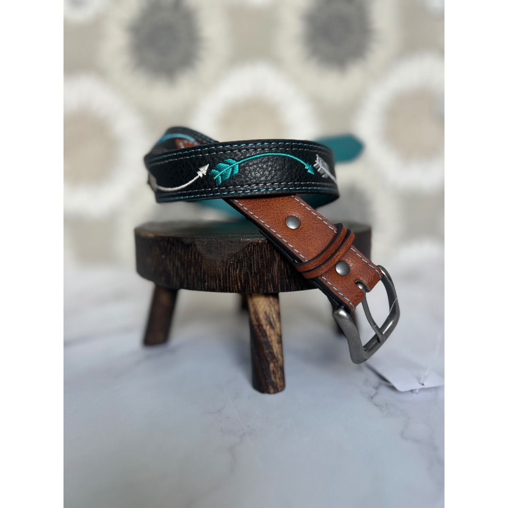 Catchfly Studio Girls Medium Embroidered Arrow Leather Belt‎ Brown Turquoise